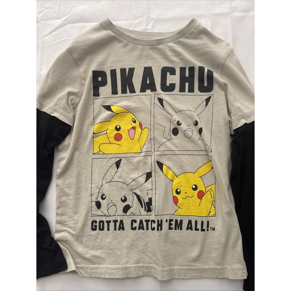 Pokemon Boys Pikachu Long Sleeve Shirt Beige Black Size 9/10 Layered Look Tee